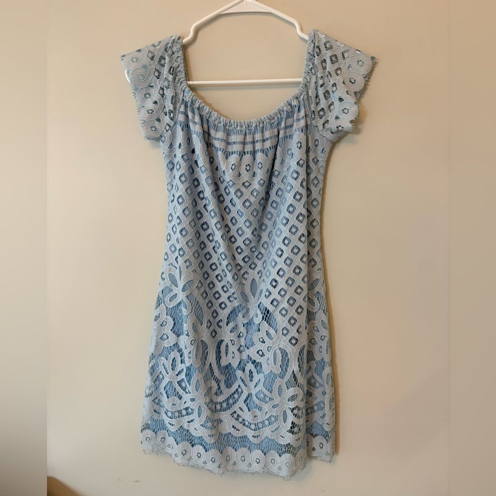 En Creme Sky Blue Lace Mini Dress